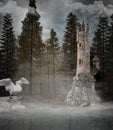 Fantasy tower in the misty forest Royalty Free Stock Photo